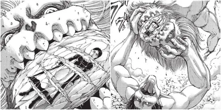 Eren sử dụng titan hàm phá vỡ vỏ bọc của Titan búa chiến